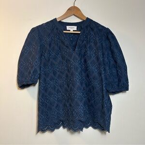 HUDSON NORTH | Navy Blue Eyelet Blouse With Puff Sleeves